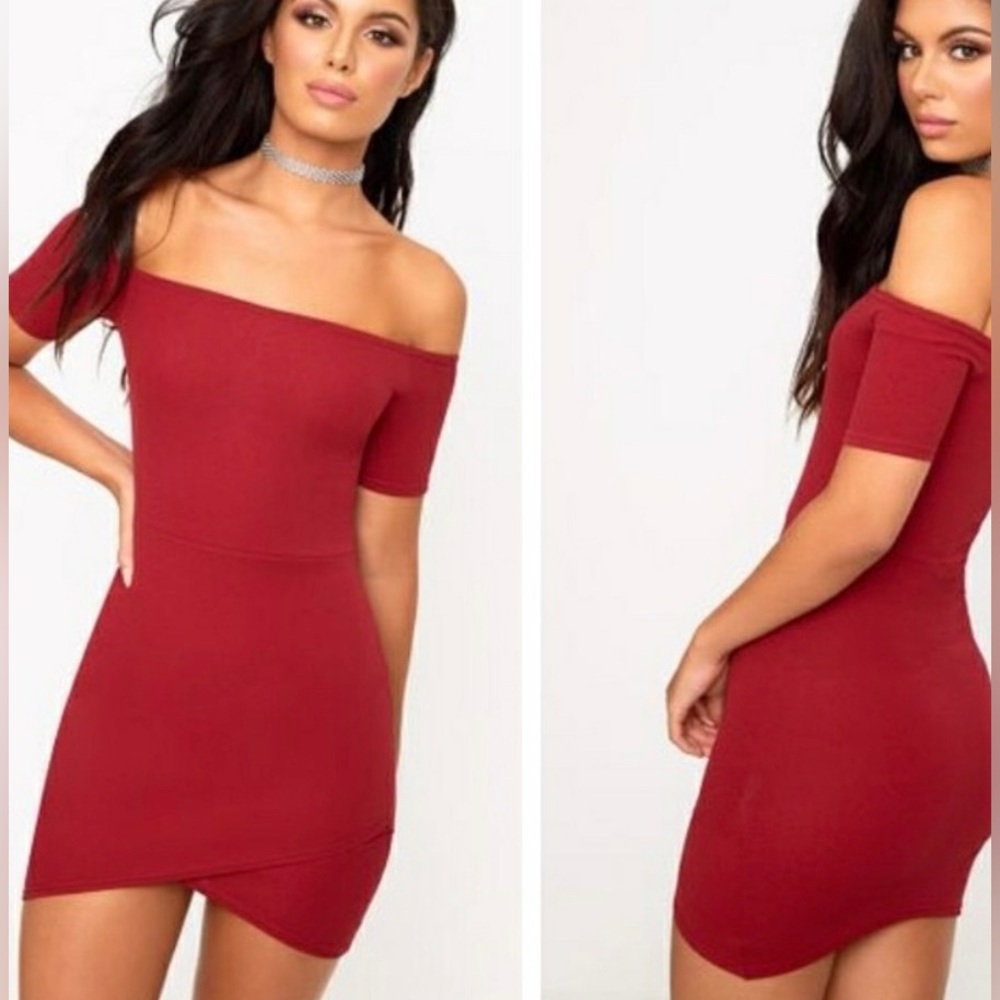 PrettyLittleThings Off the Shoulder Deep Red Form Fitting Dress Size 10 …